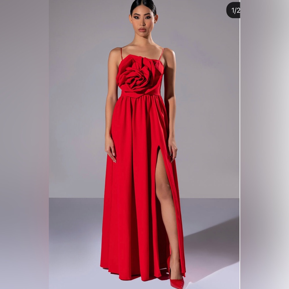 Akira Elegant Red Rosette Long Evening Gown Large Rose Slit M